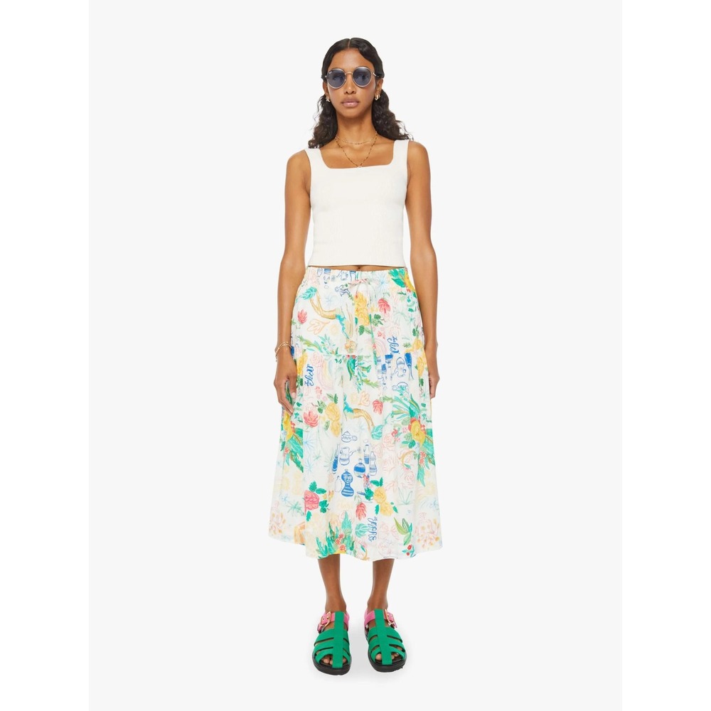Mother The Cakewalk Skirt Floral Novelty Print Tiered Midi Cotton White Size M